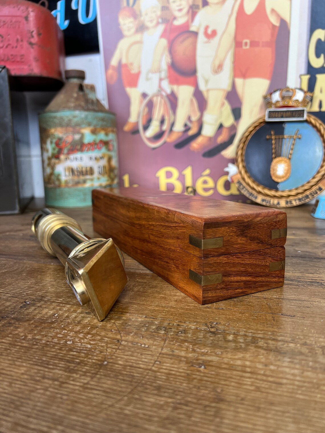 Vintage Brass Naval Periscope In Inlaid Wooden Box Nautical Maritime Collectable