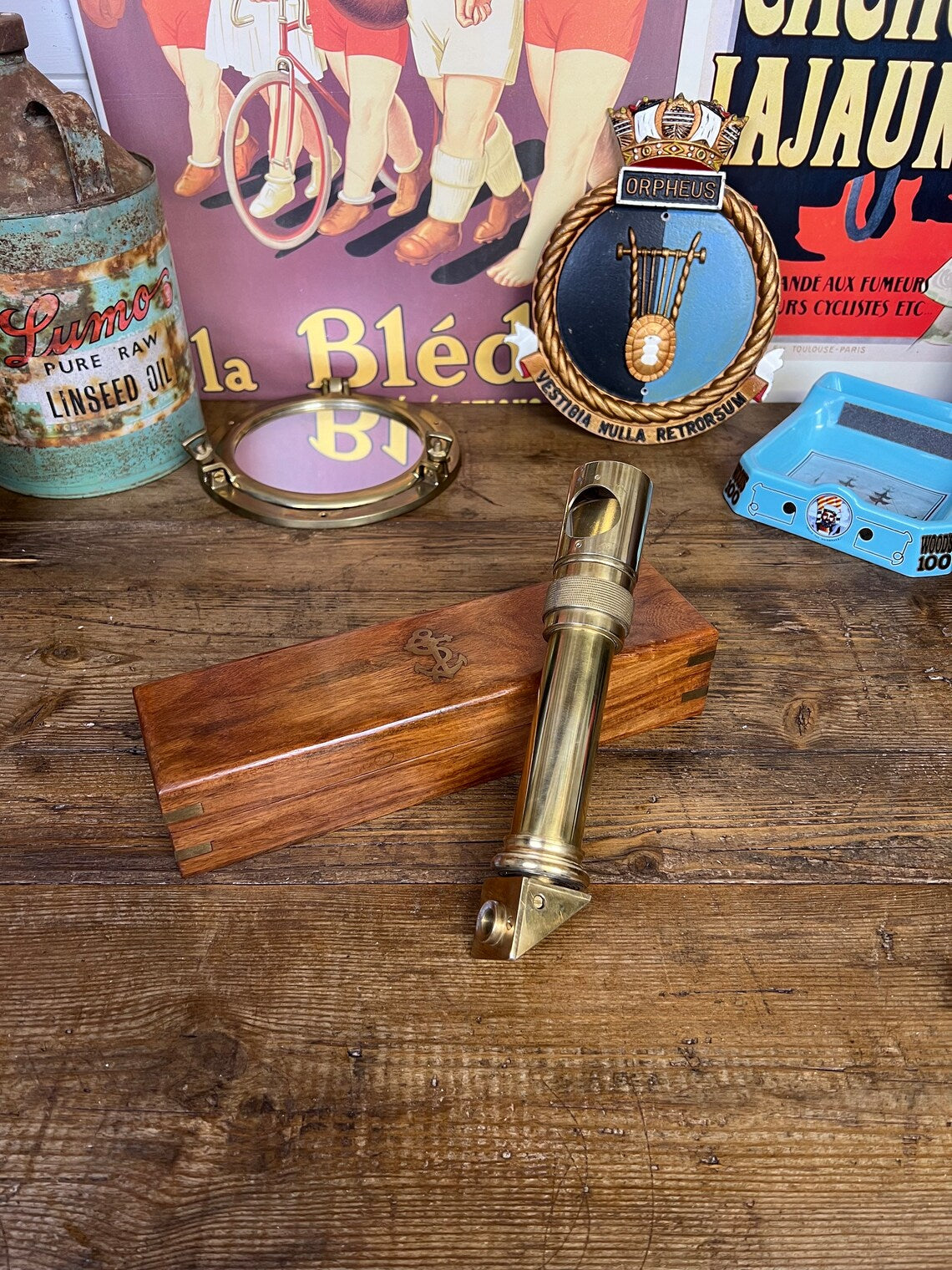 Vintage Brass Naval Periscope In Inlaid Wooden Box Nautical Maritime Collectable