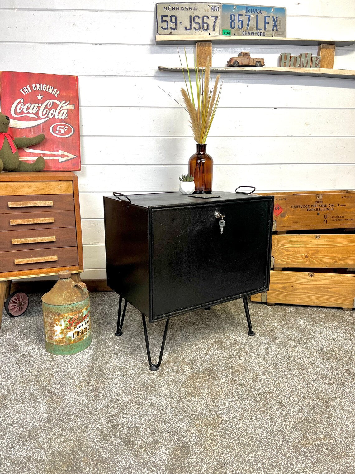 Vintage Metal Box Storage Table Reclaimed Rustic Industrial Locking Side Table Home Decor