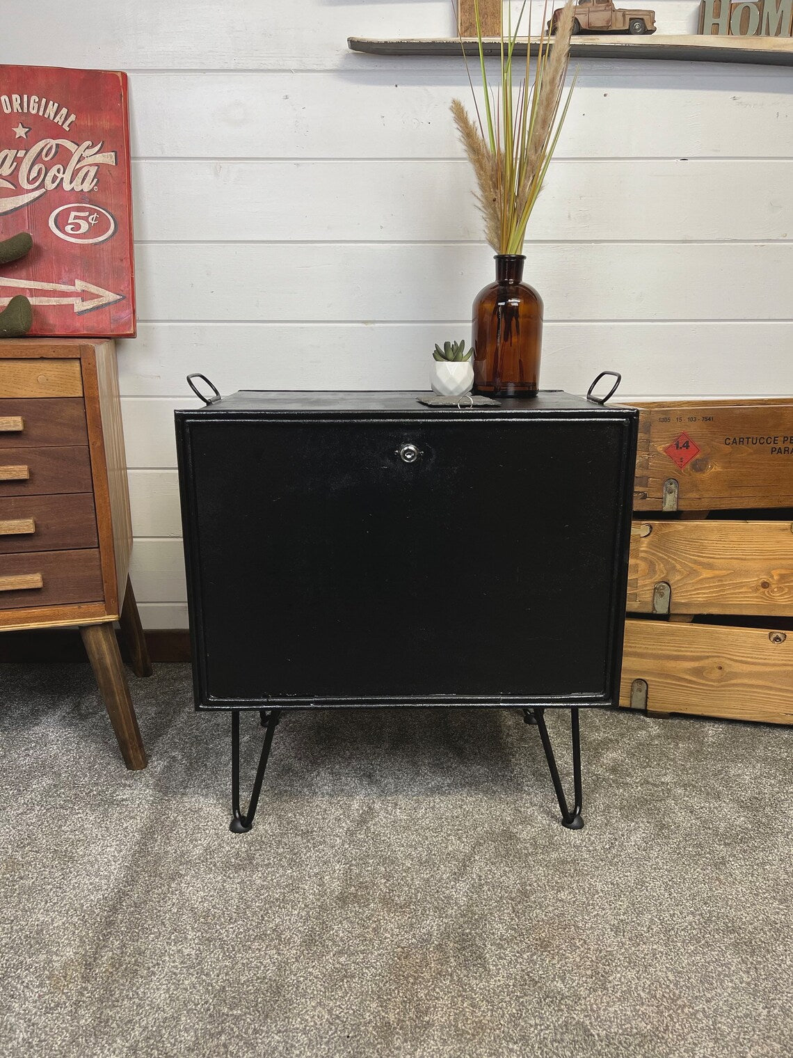 Vintage Metal Box Storage Table Reclaimed Rustic Industrial Locking Side Table Home Decor