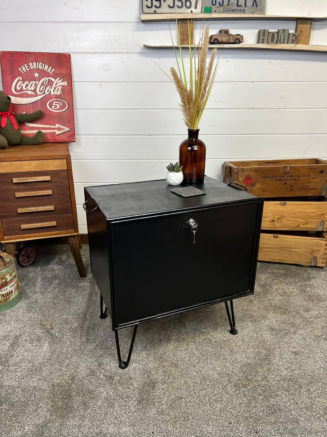 Vintage Metal Box Storage Table Reclaimed Rustic Industrial Locking Side Table Home Decor