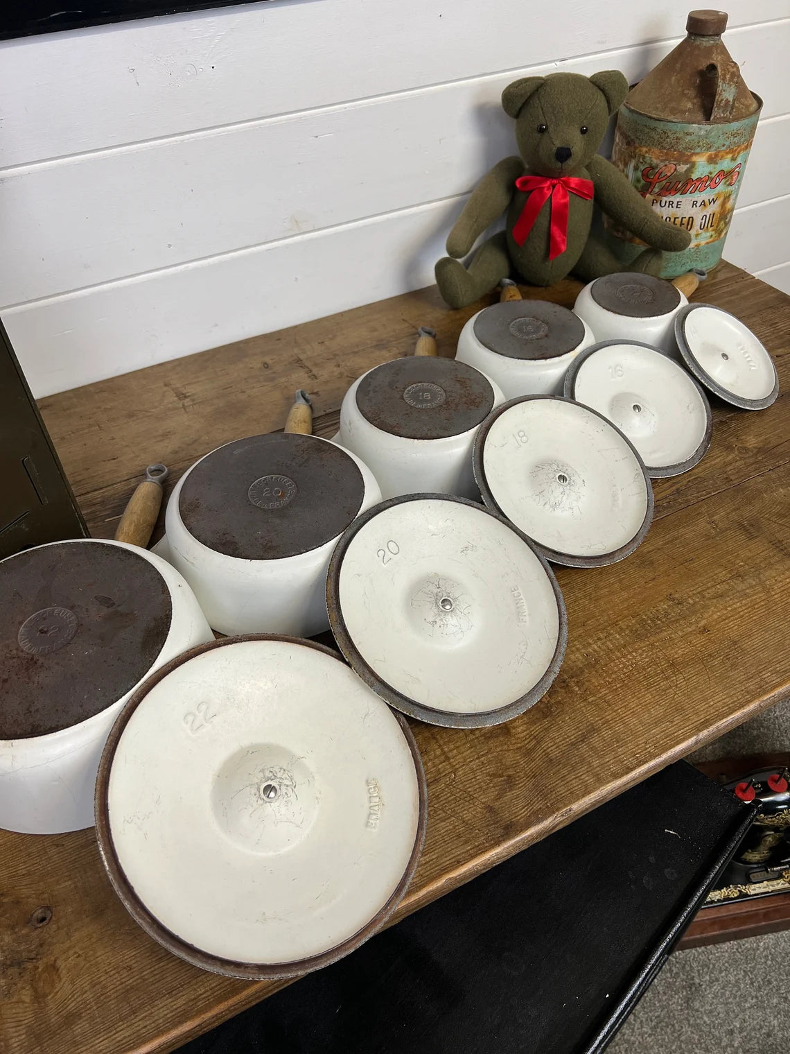 Vintage Le Creuset White Pan Set of 5 With Lids Cast Iron Saucepan Vintage French Retro Kitchen