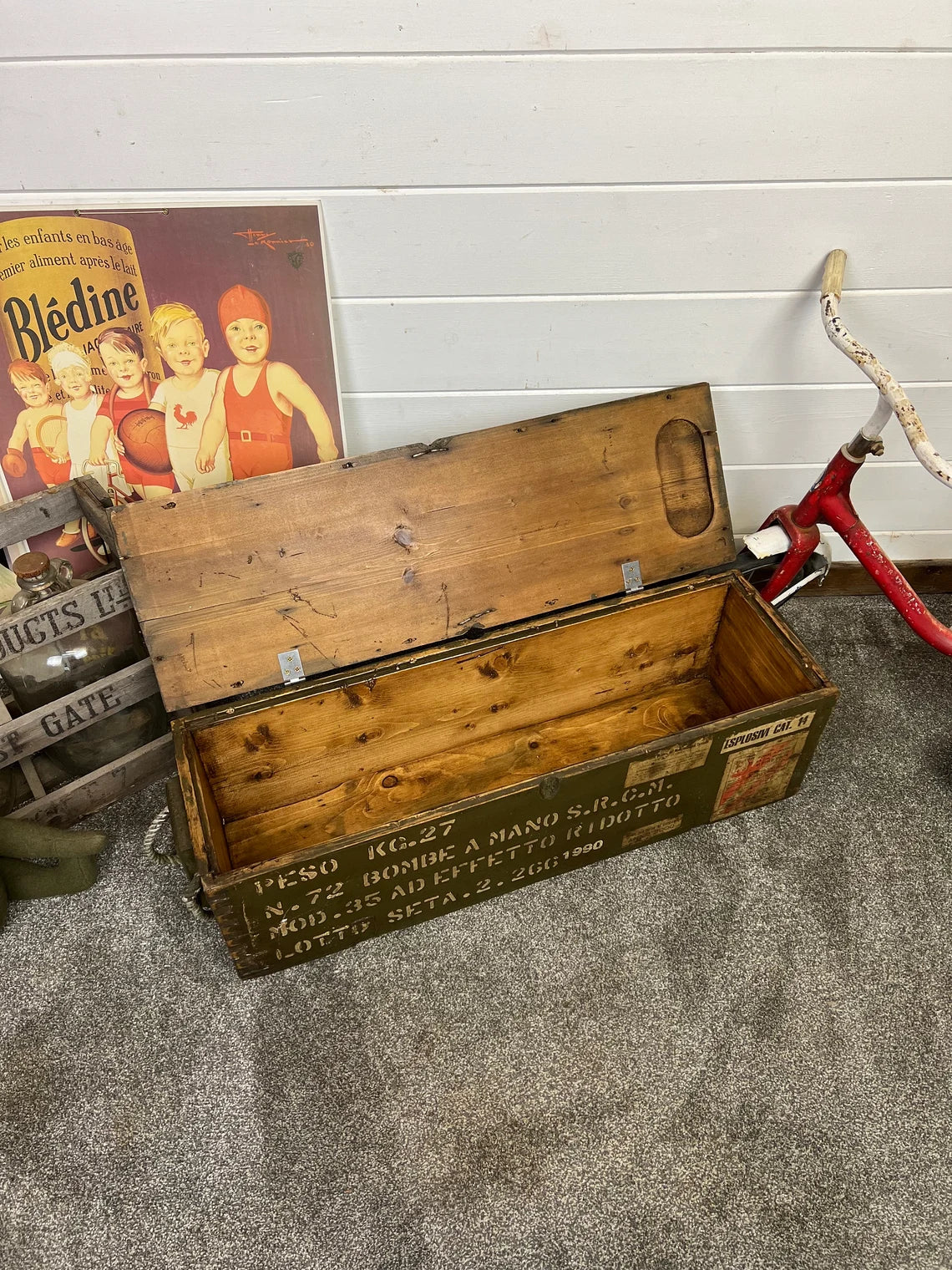 Rustic Wooden Ammo Box Industrial Vintage 1990 Blanket Box Storage Chest Coffee Table