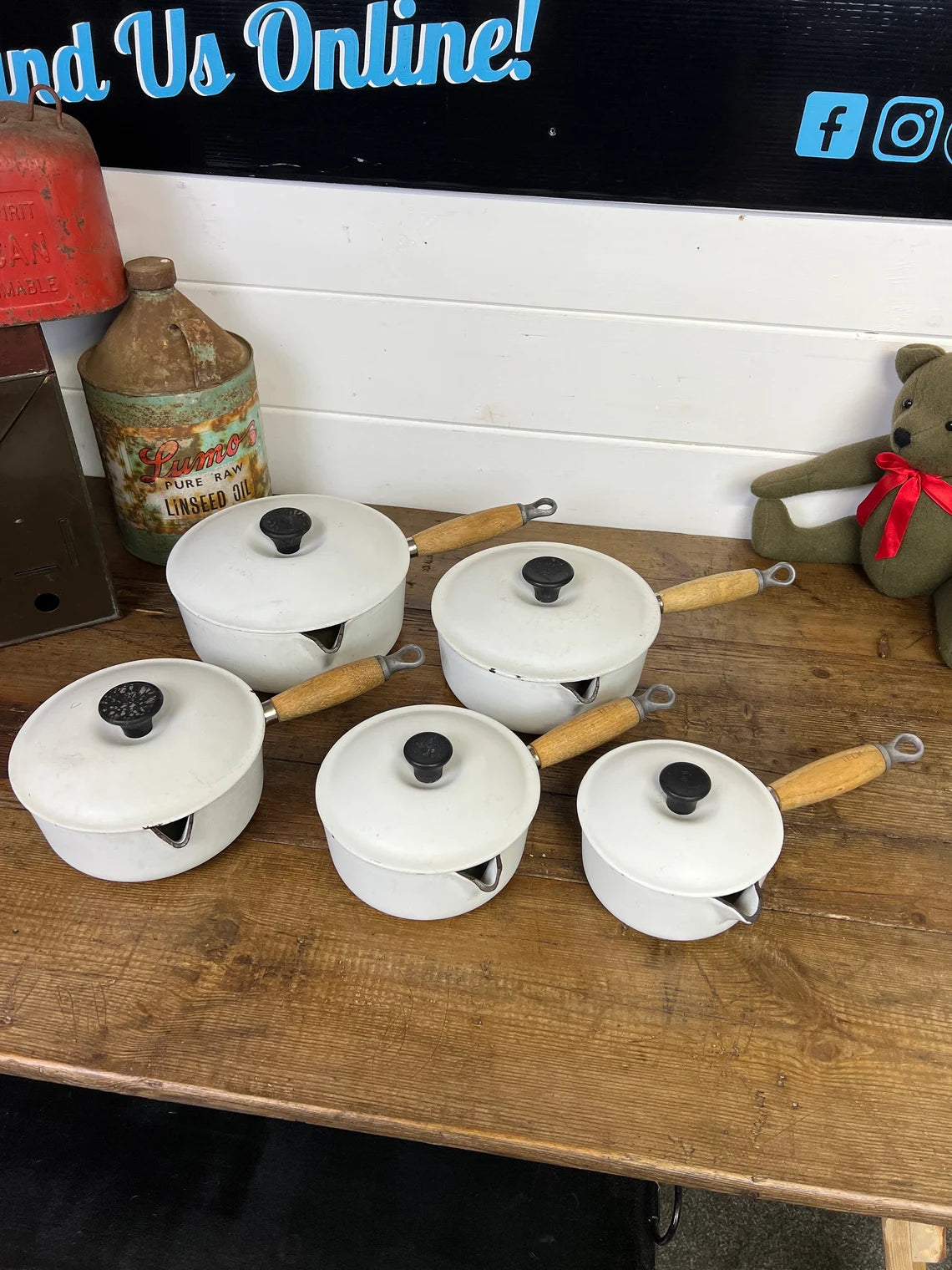 Vintage Le Creuset White Pan Set of 5 With Lids Cast Iron Saucepan Vintage French Retro Kitchen