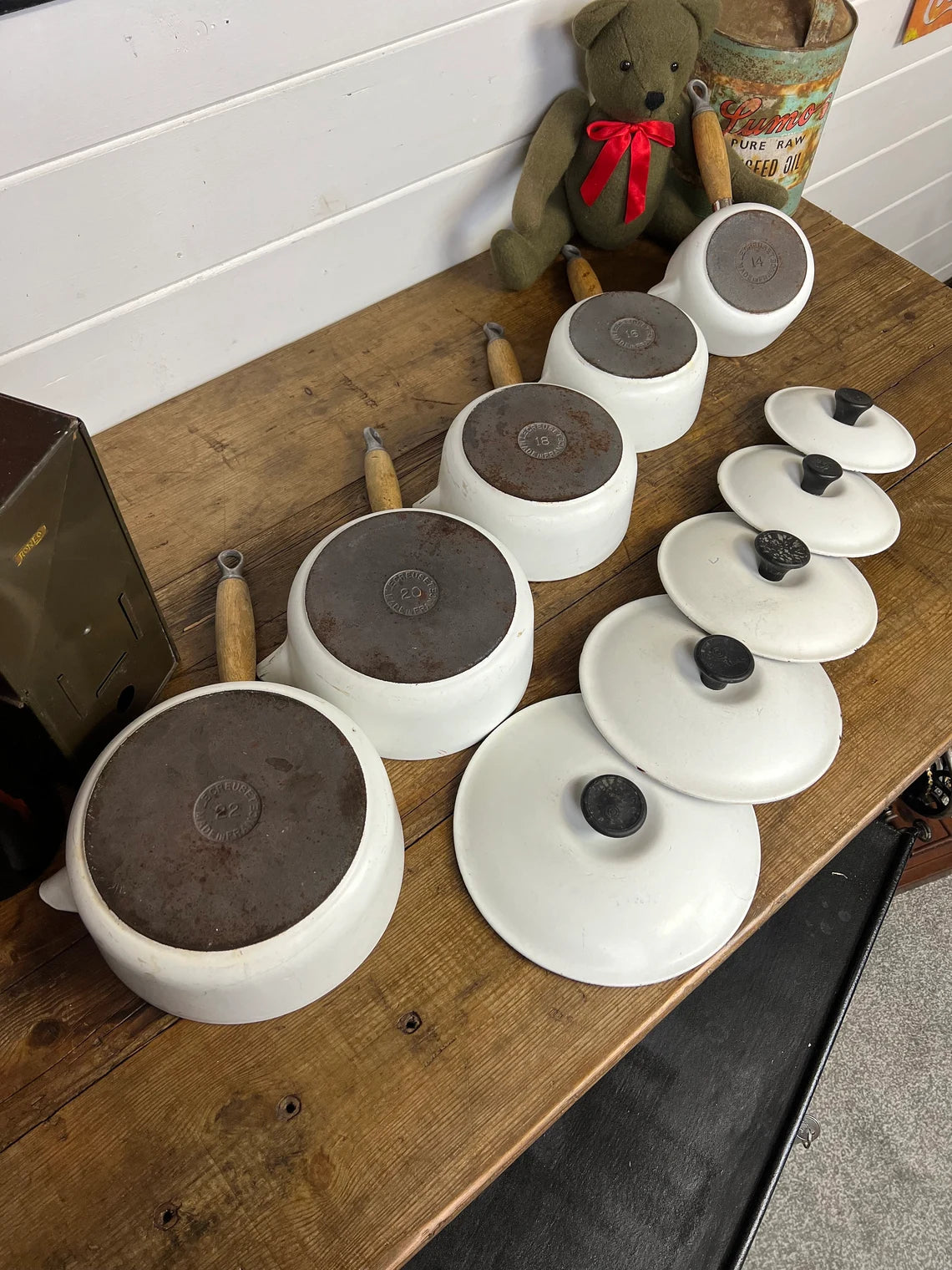 Vintage Le Creuset White Pan Set of 5 With Lids Cast Iron Saucepan Vintage French Retro Kitchen