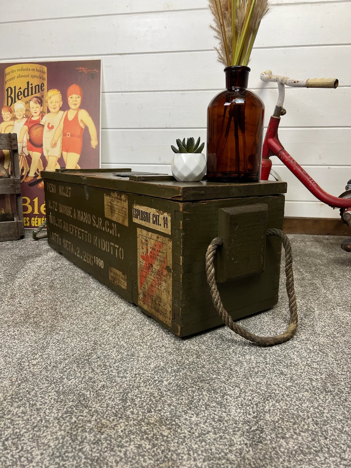 Rustic Wooden Ammo Box Industrial Vintage 1990 Blanket Box Storage Chest Coffee Table