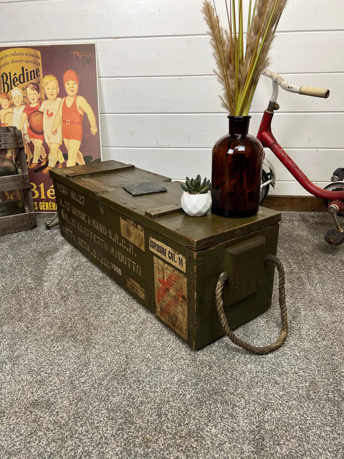 Rustic Wooden Ammo Box Industrial Vintage 1990 Blanket Box Storage Chest Coffee Table