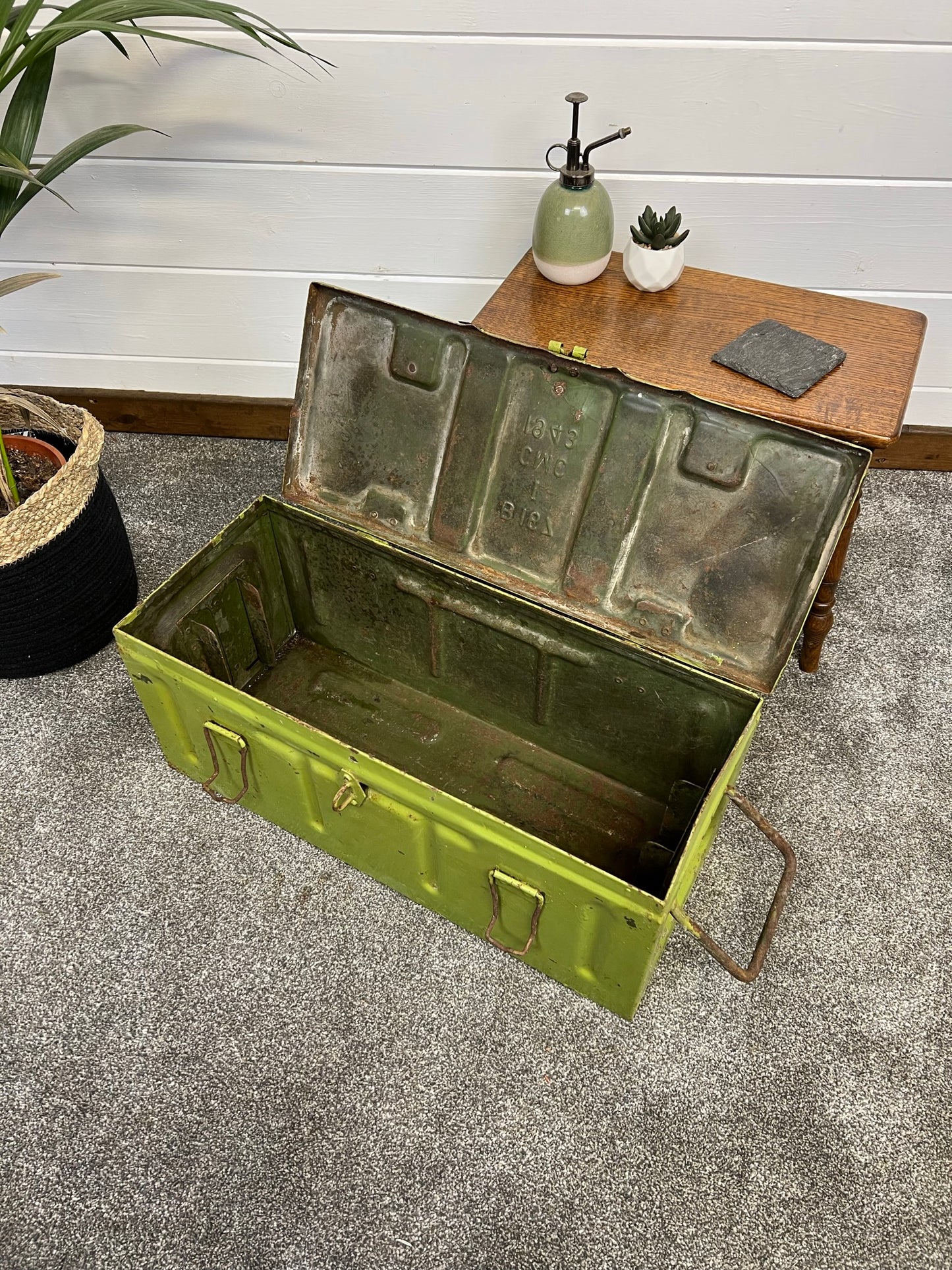 Vintage WW2 Military Metal Ammo Chest 1943 Rustic Industrial Home Storage Art Deco Ammo Box Table