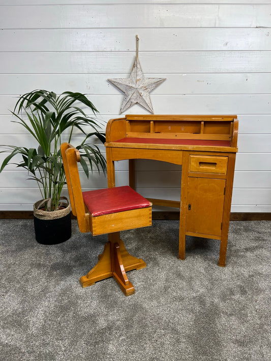 Vintage Childs Beech Roll Top Desk & Swivel Chair Kids Retro Bedroom Decor