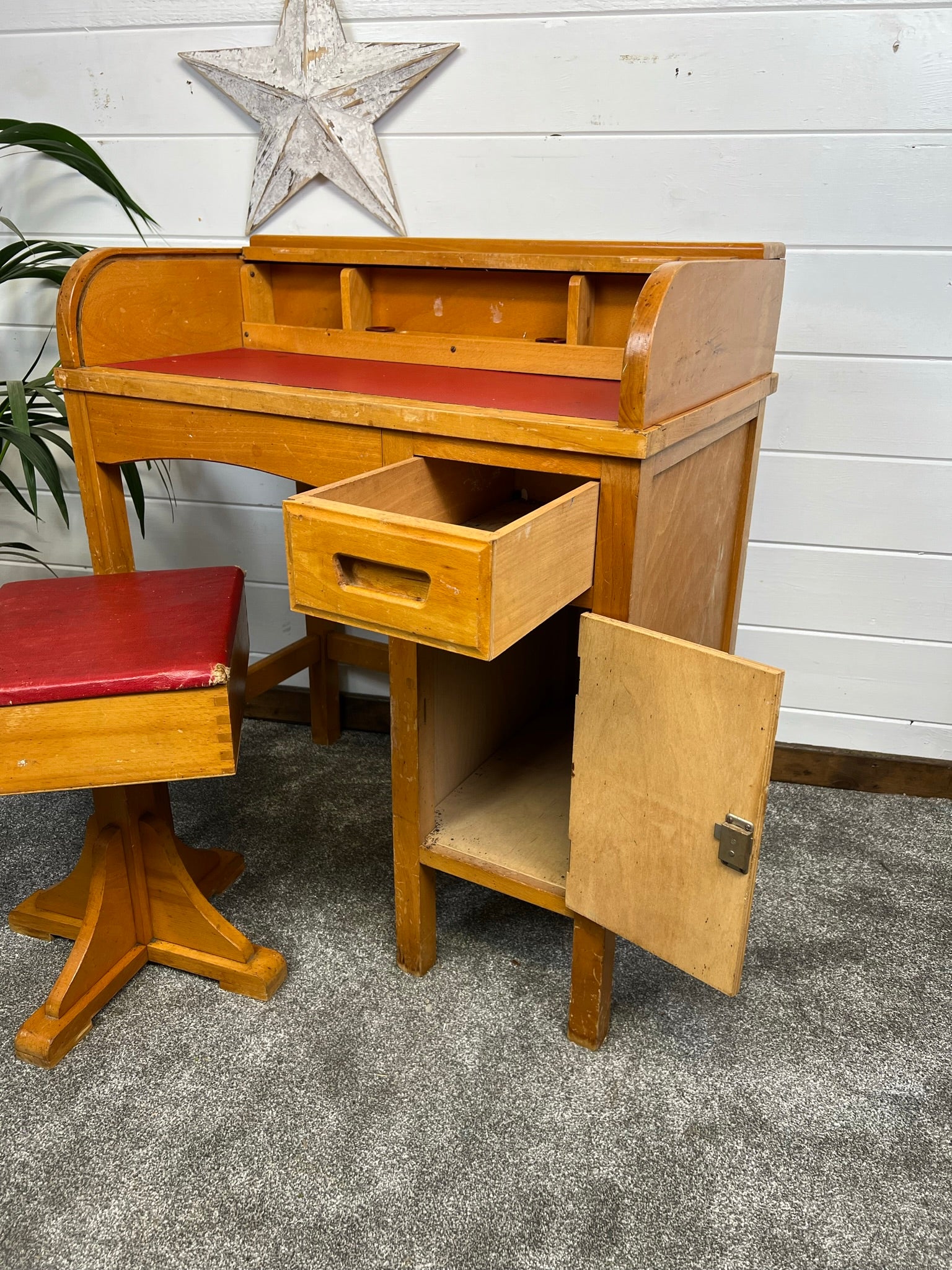 Vintage Childs Beech Roll Top Desk Swivel Chair Kids Retro