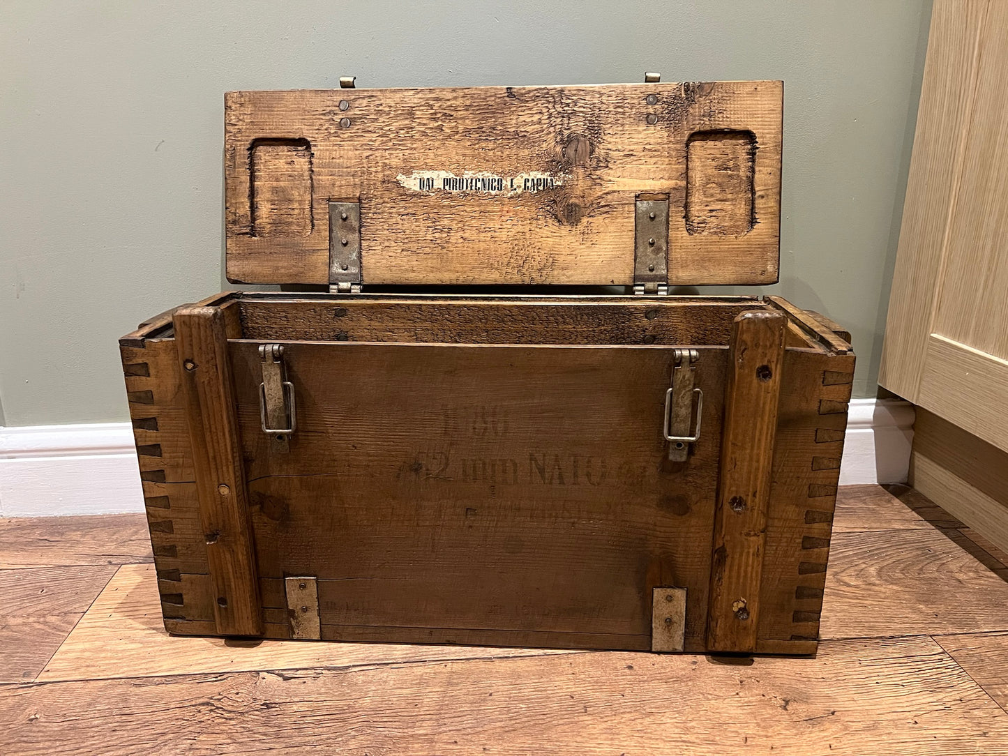 Wooden Ammo Box Vintage 1970 Rustic Storage Chest Industrial Trunk Coffee Table