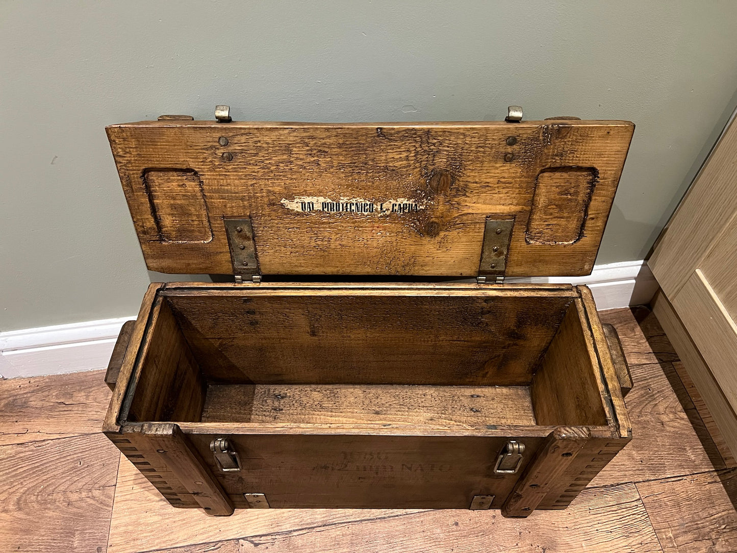 Wooden Ammo Box Vintage 1970 Rustic Storage Chest Industrial Trunk Coffee Table