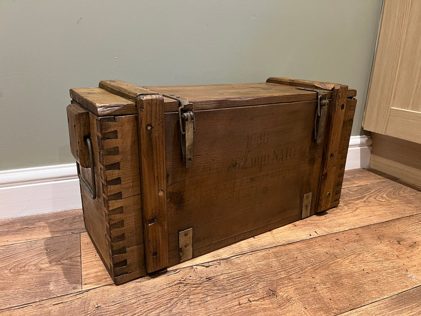 Wooden Ammo Box Vintage 1970 Rustic Storage Chest Industrial Trunk Coffee Table