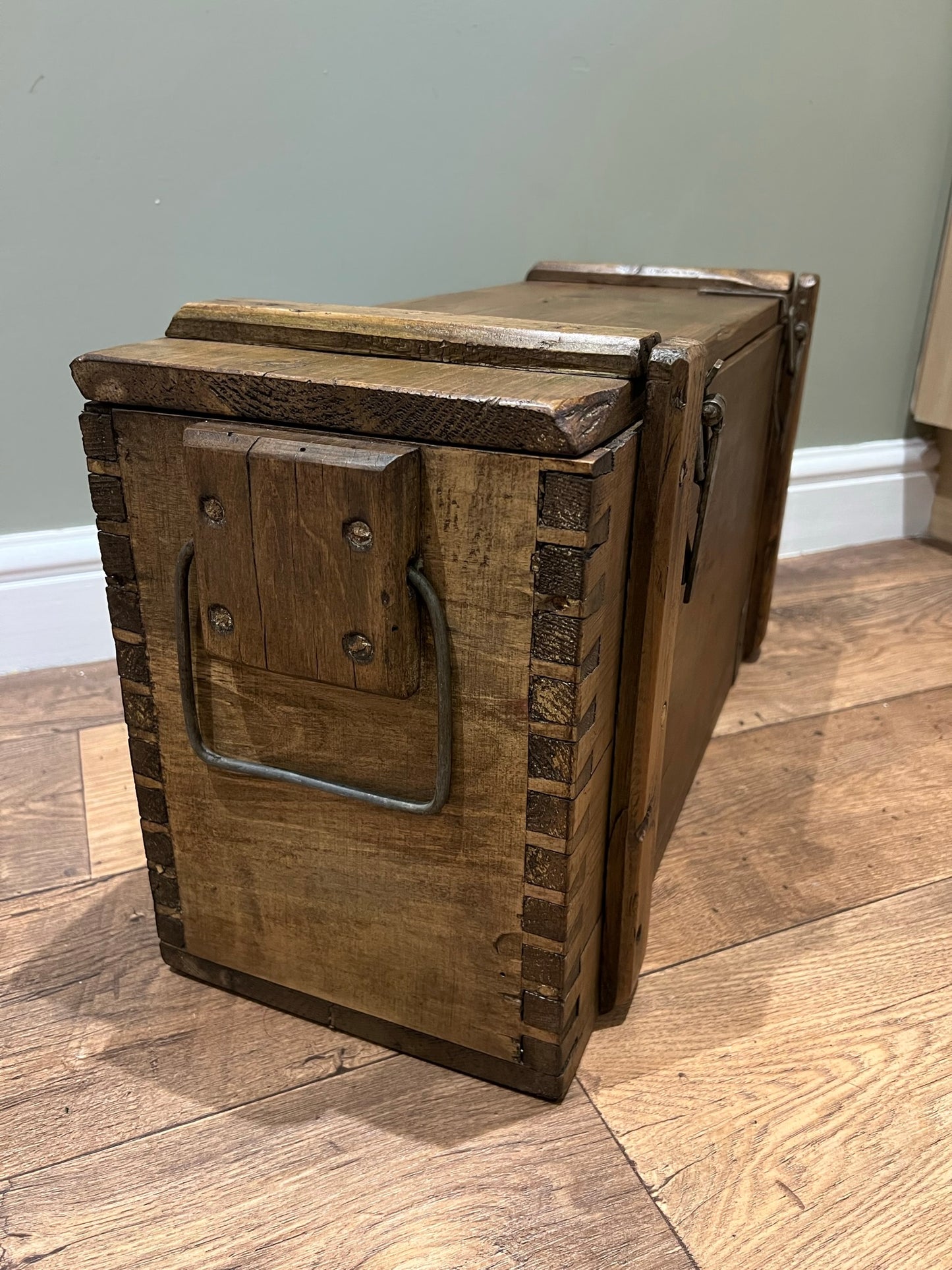 Wooden Ammo Box Vintage 1970 Rustic Storage Chest Industrial Trunk Coffee Table