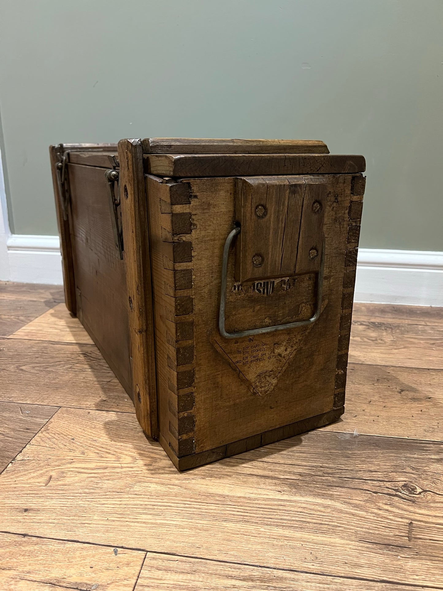 Wooden Ammo Box Vintage 1970 Rustic Storage Chest Industrial Trunk Coffee Table