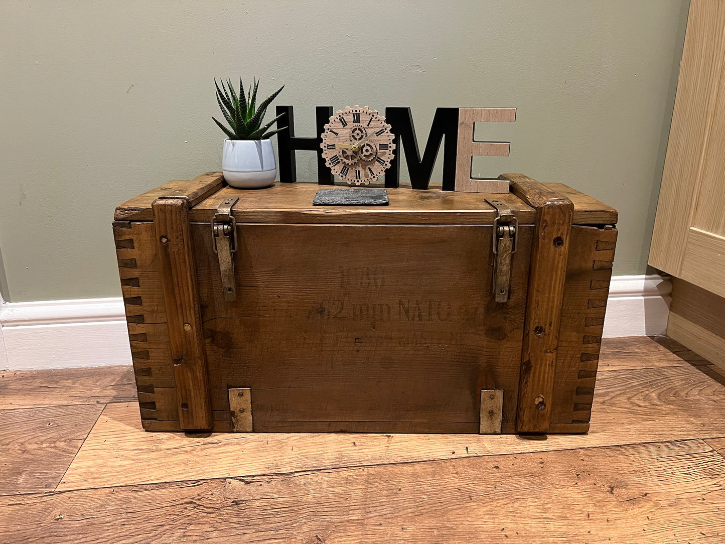 Wooden Ammo Box Vintage 1970 Rustic Storage Chest Industrial Trunk Coffee Table