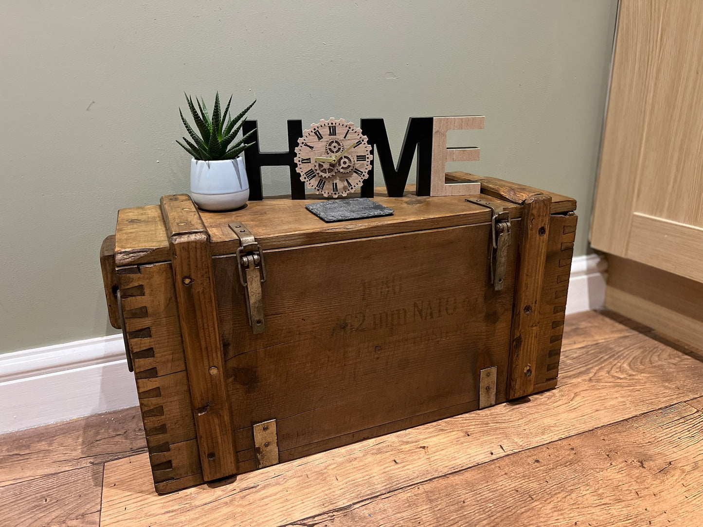 Wooden Ammo Box Vintage 1970 Rustic Storage Chest Industrial Trunk Coffee Table