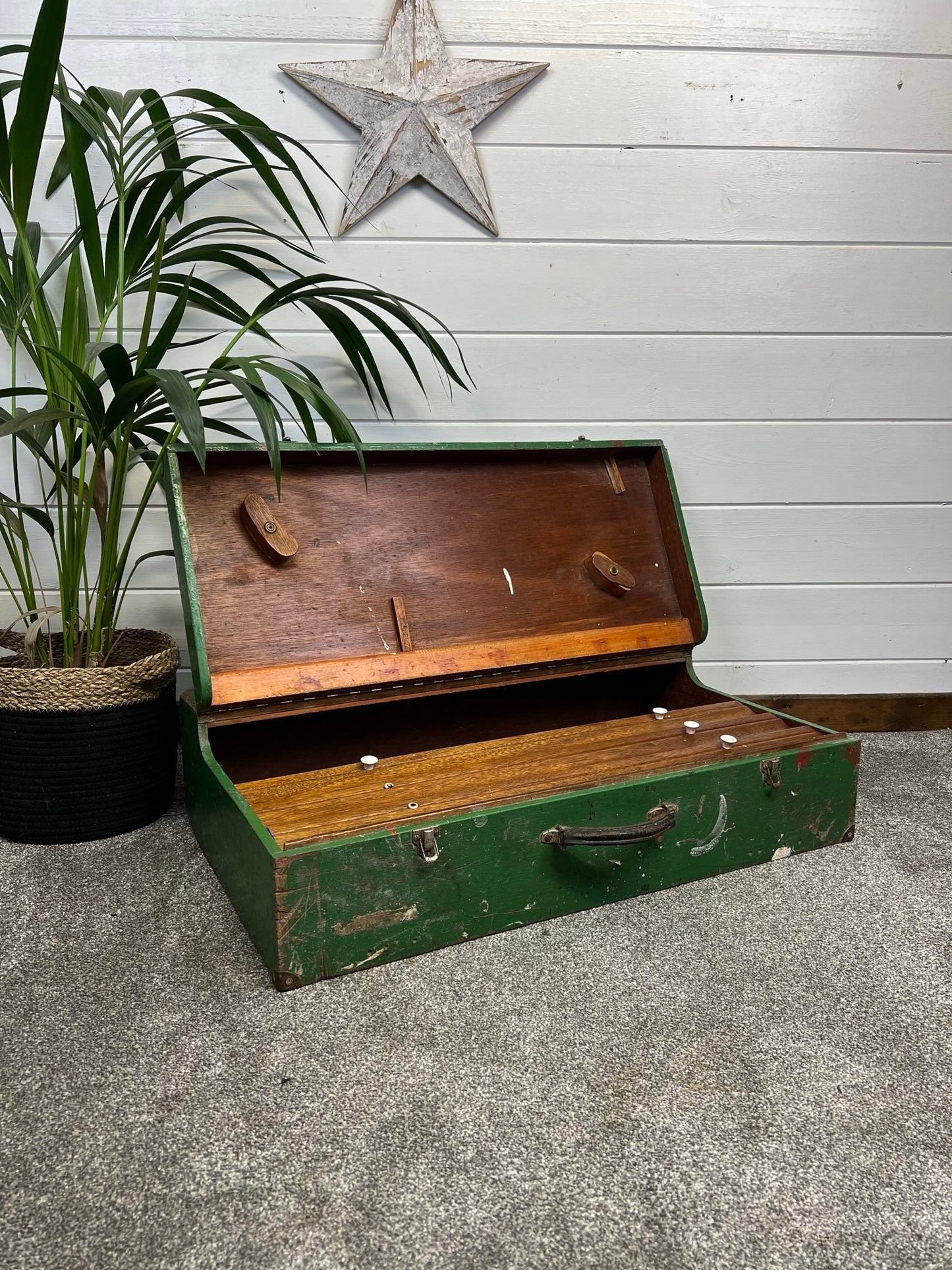 Vintage Wooden Carpenters Large Tool Chest Toolbox Storage Rustic Industrial Coffee Table