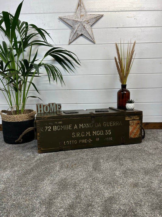 Rustic Wooden Ammo Box Industrial Vintage 1986 Home Storage Chest Coffee Table