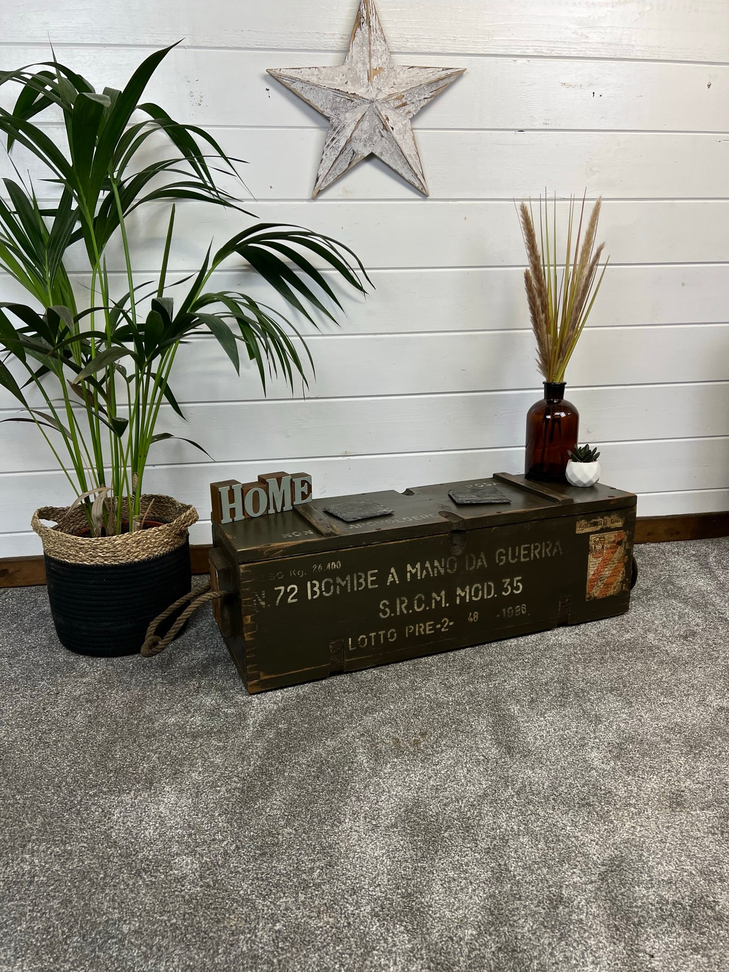 Rustic Wooden Ammo Box Industrial Vintage 1986 Home Storage Chest Coffee Table