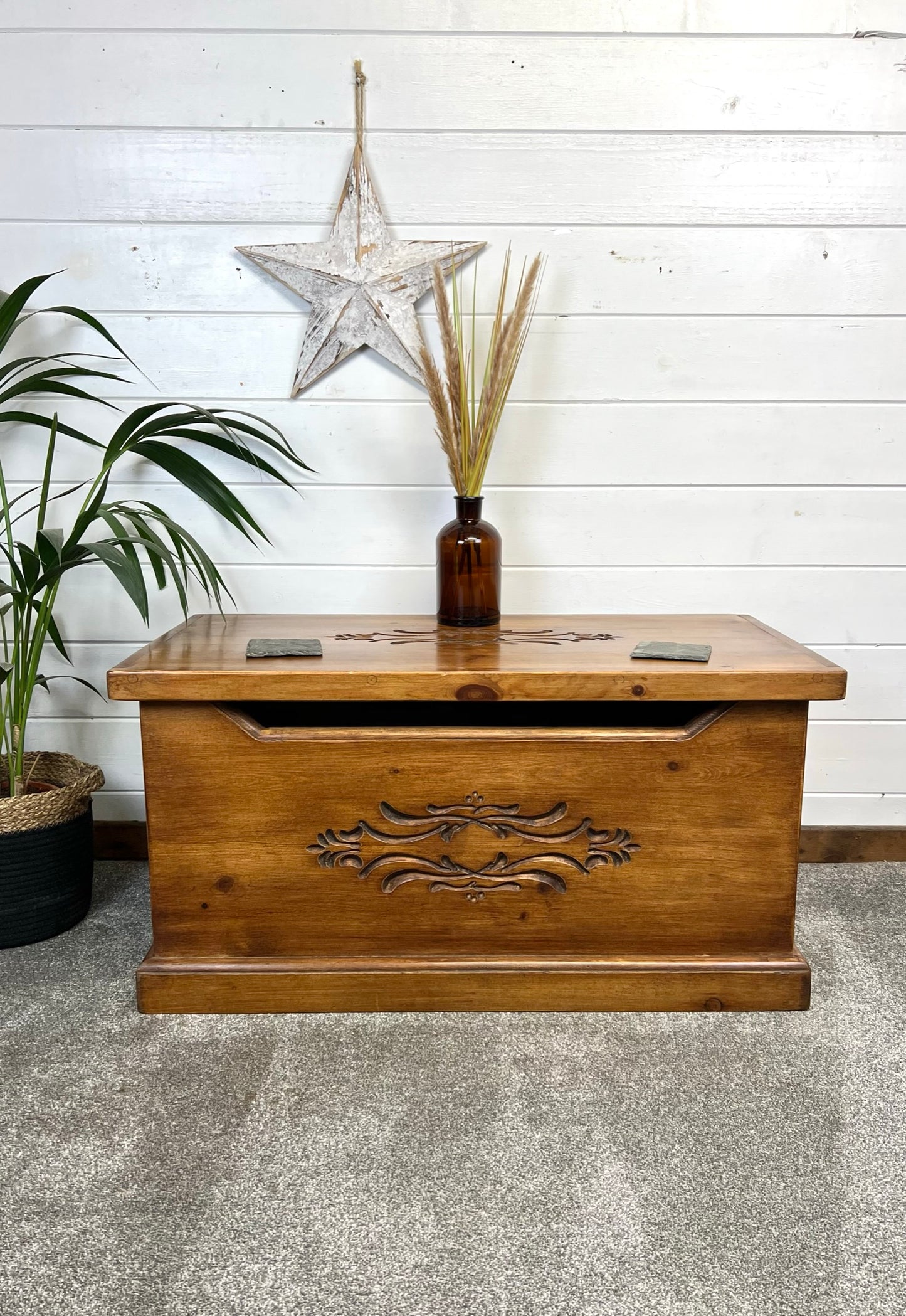 Vintage Wooden Blanket Box Large Chest Trunk Toy Box Storage Rustic Farmhouse Ottoman