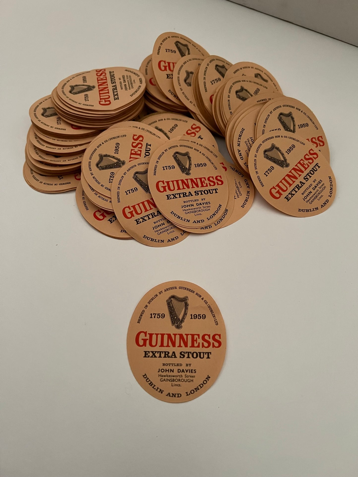 20x Unused Vintage Guinness Extra Stout Bottle Label 1959 Bottled by John Davies, Gainsborough