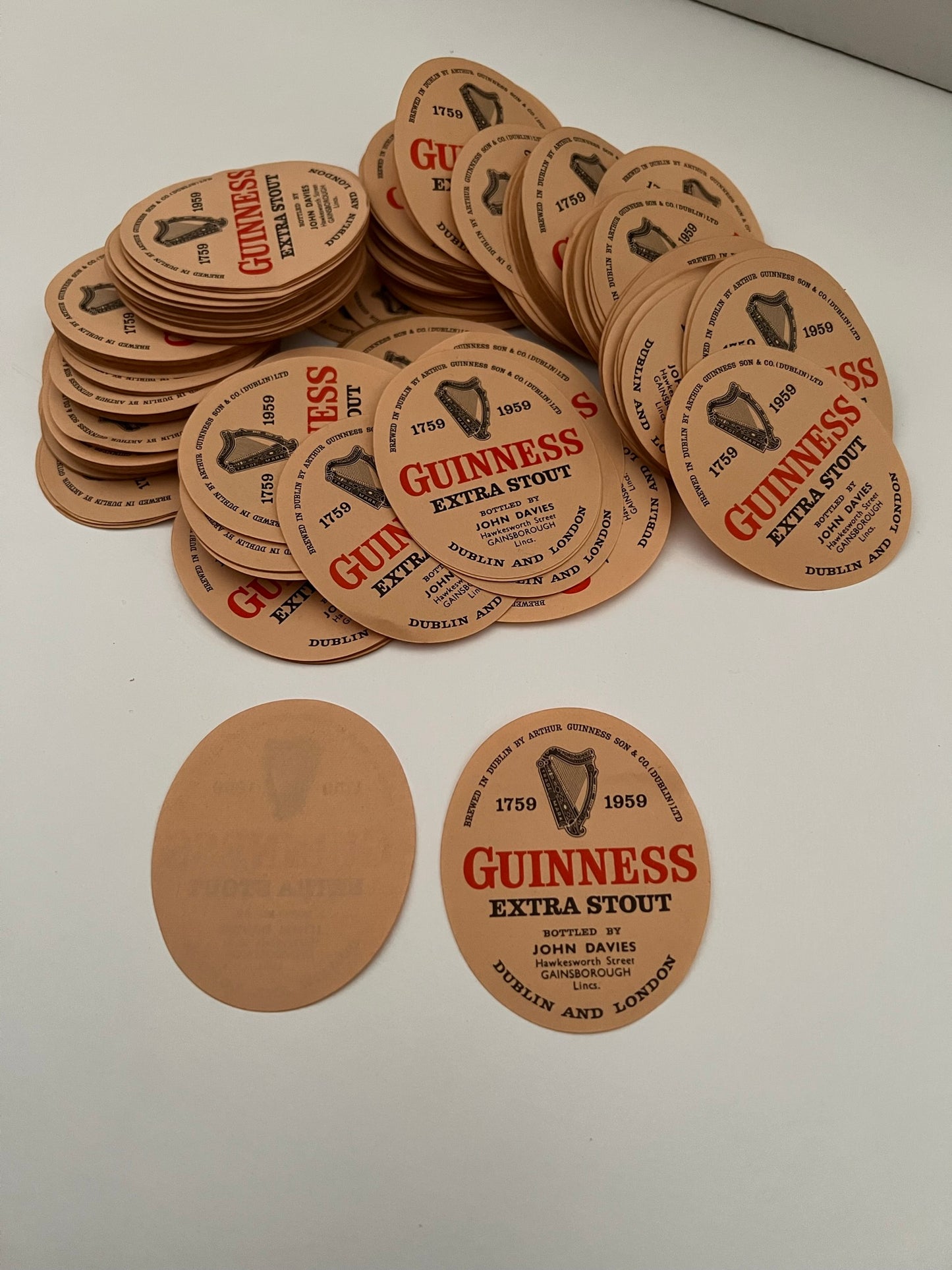 20x Unused Vintage Guinness Extra Stout Bottle Label 1959 Bottled by John Davies, Gainsborough