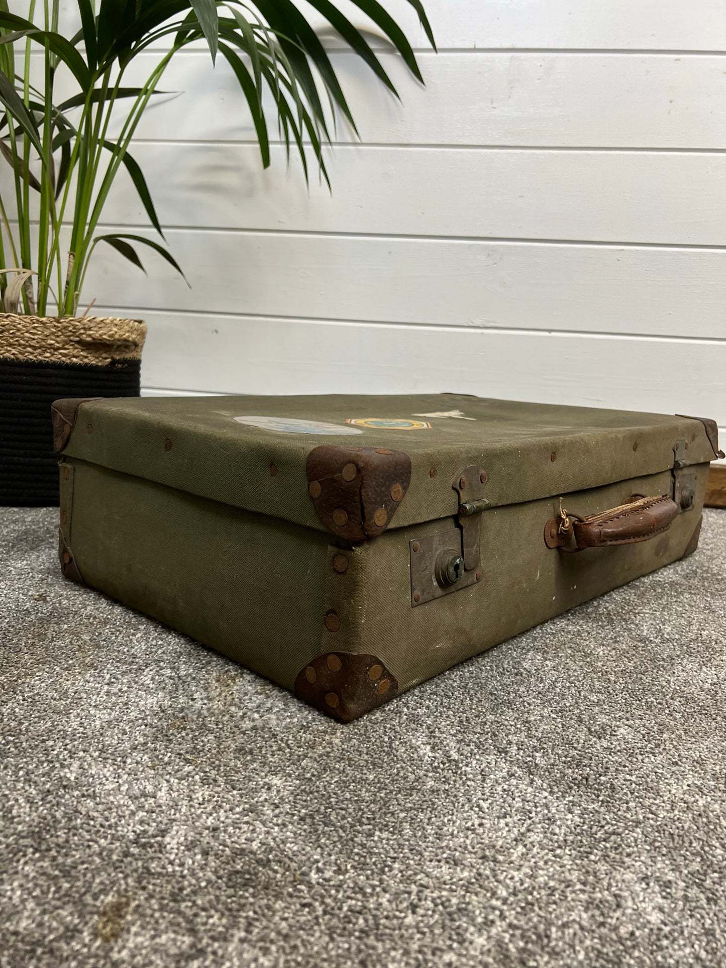 Vintage Green Canvas Suitcase Trunk Decorative Boho Rustic Home Décor