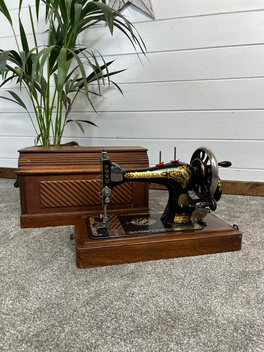 Vintage Singer Sewing Machine 28K Dates 1897 Hand Crank With Wooden Case & Accessories