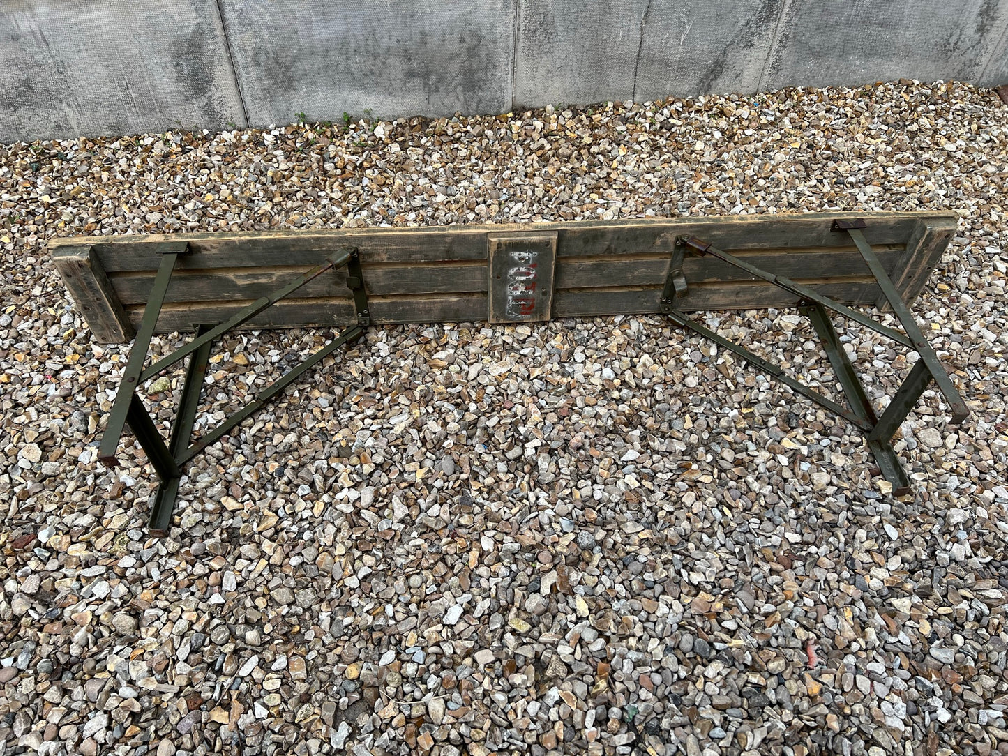 Rustic Industrial Bench Wooden Folding Trestle Army Patina Farmhouse Dining Seat