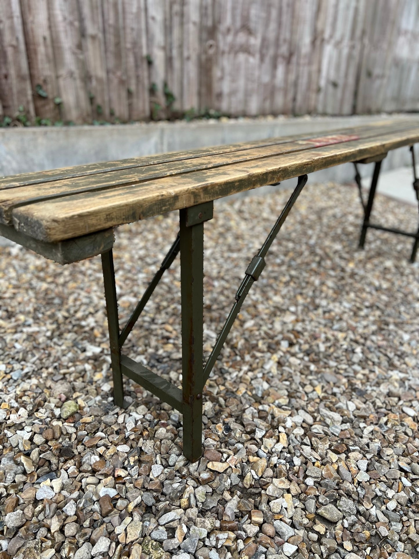 Rustic Industrial Bench Wooden Folding Trestle Army Patina Farmhouse Dining Seat