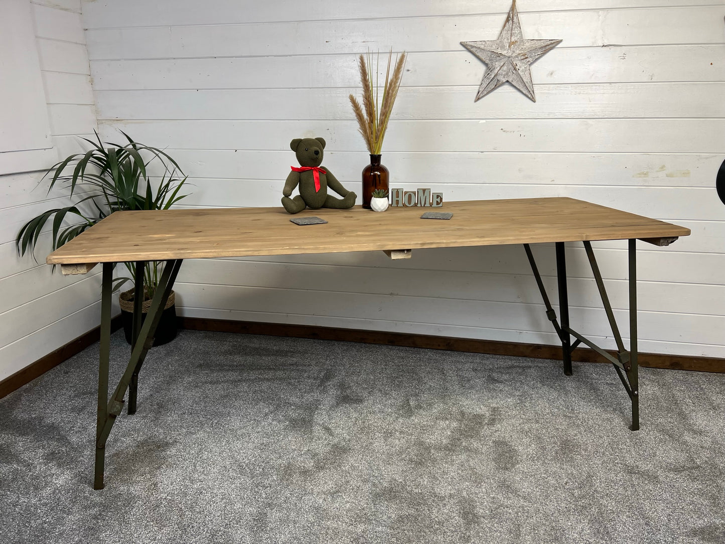 Vintage Folding Wooden Trestle Table Industrial Metal Legs Rustic Farmhouse Dining Desk Wedding Event