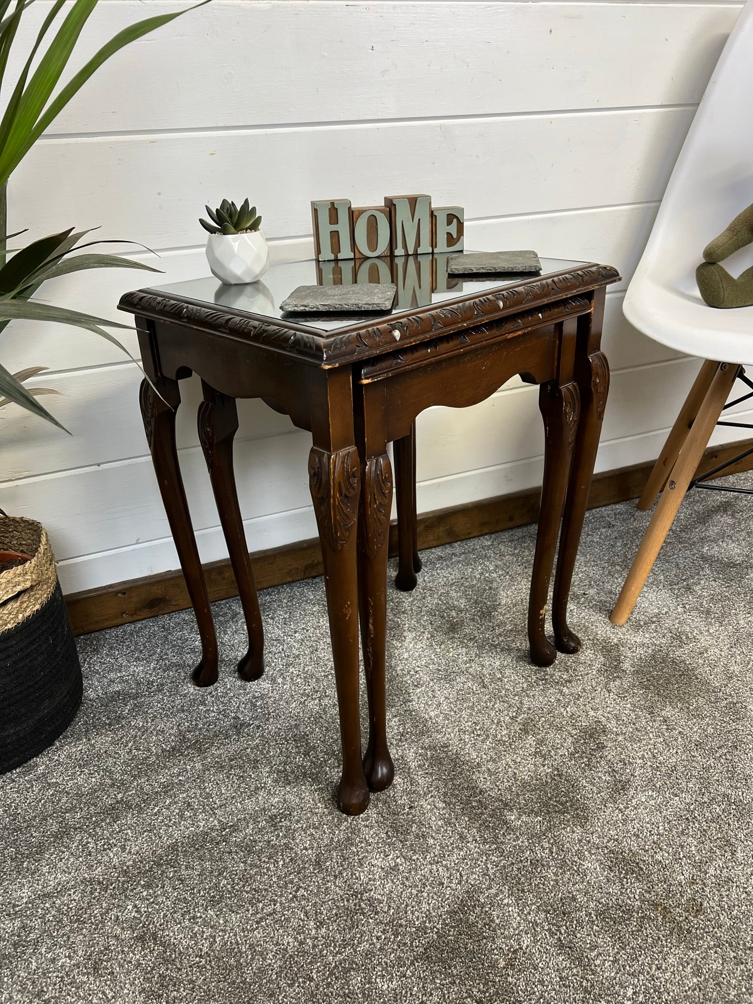 Vintage Glass Top Nesting Tables Coffee Table Home Side Table Nest Farmhouse Rustic Decor