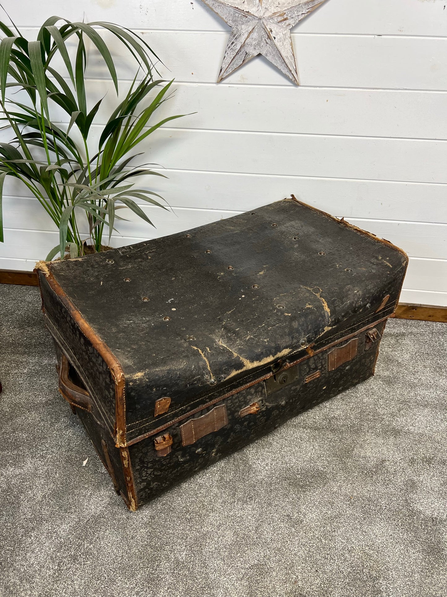 Vintage Antique 19th Century Canvas & Leather Steamer Trunk Large Travel Chest Blanket Box