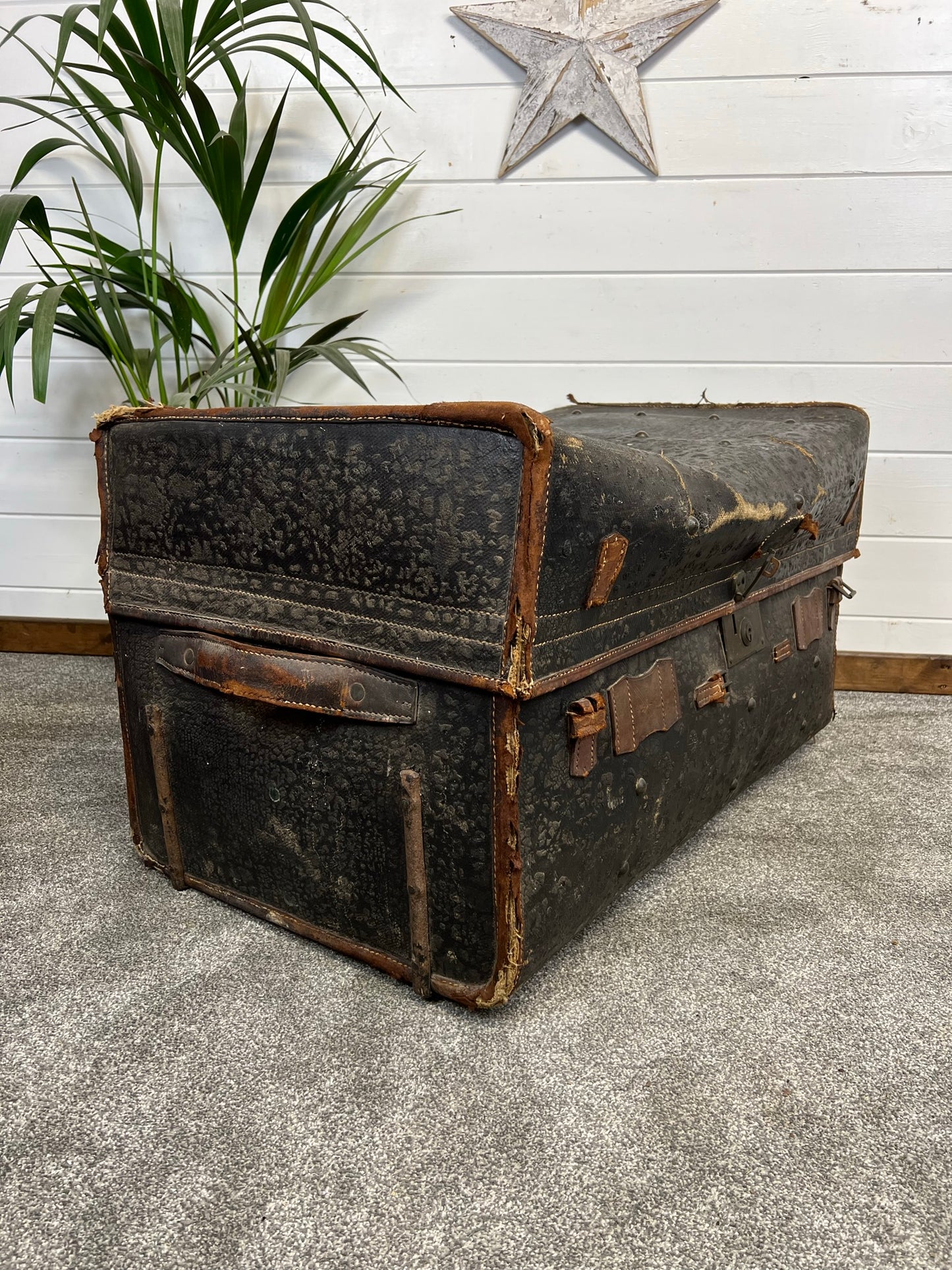 Vintage Antique 19th Century Canvas & Leather Steamer Trunk Large Travel Chest Blanket Box