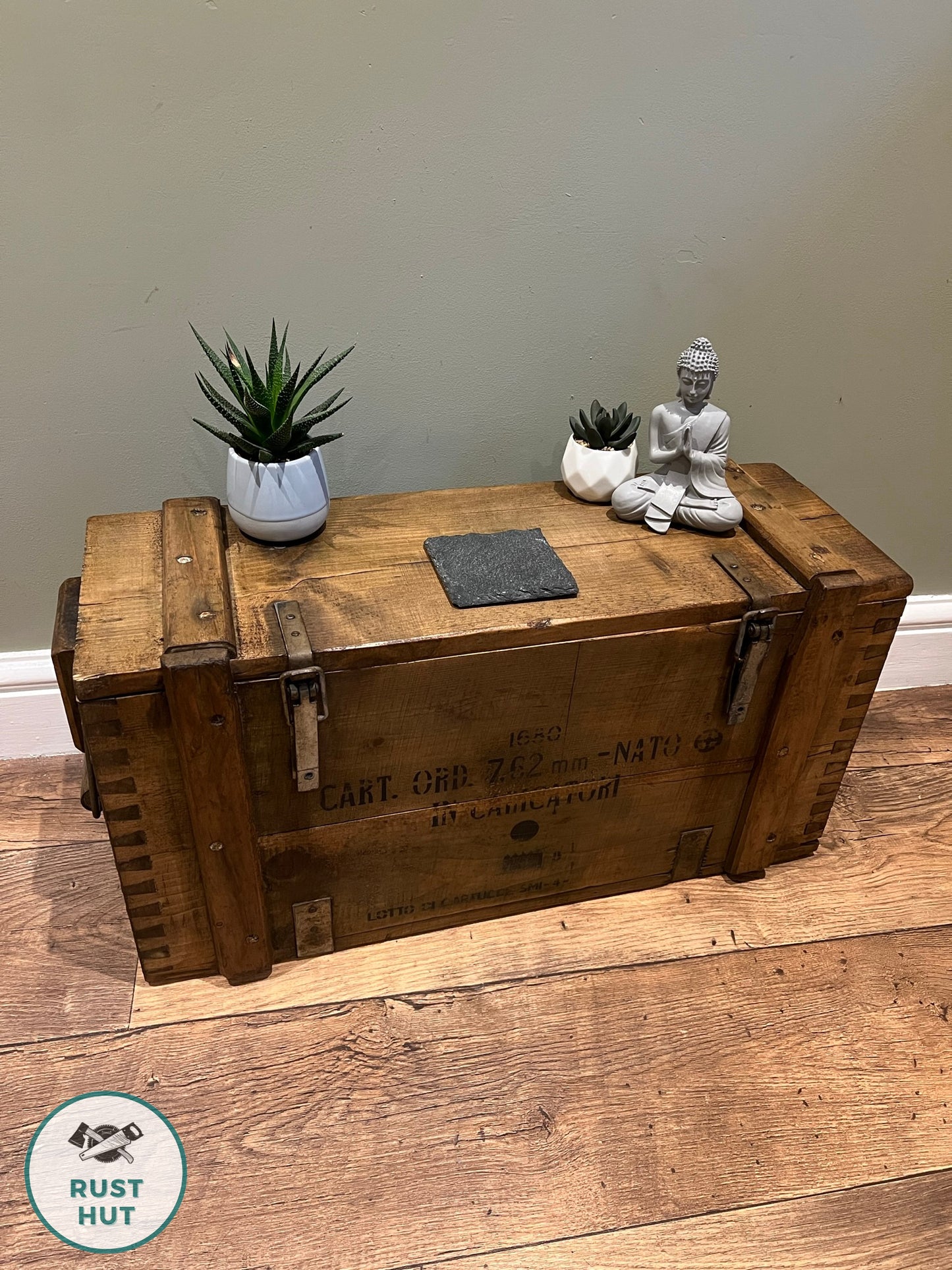 Wooden Ammo Box Vintage 1971 Rustic Storage Toy Chest Industrial Trunk Coffee Table