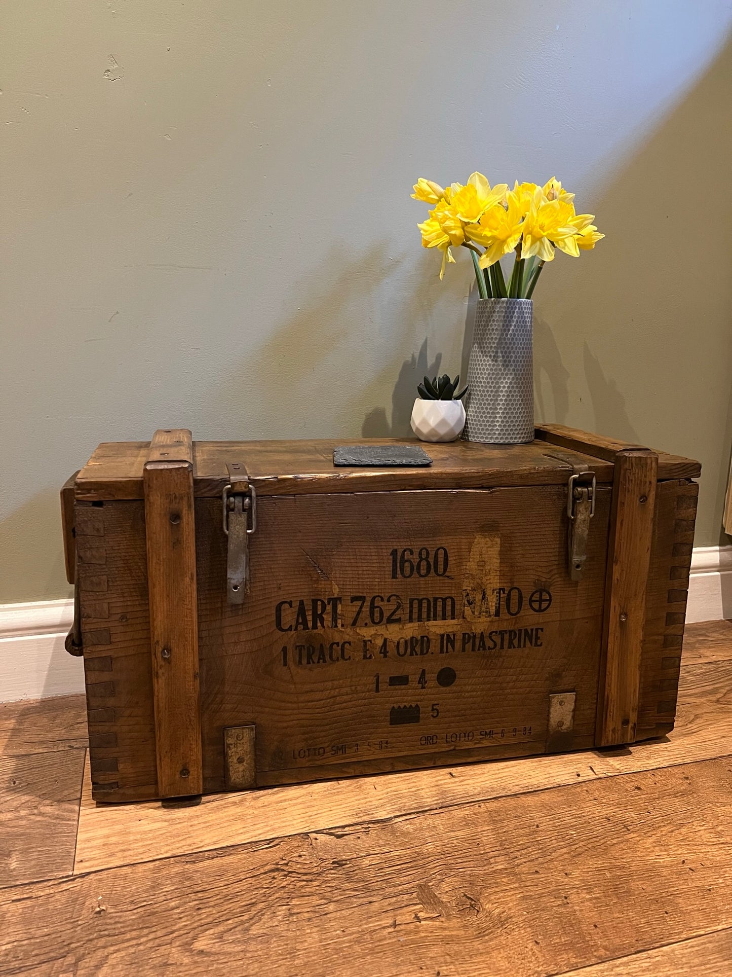 Wooden Ammo Box Vintage 1984 Rustic Storage Toy Chest Industrial Trunk Coffee Table