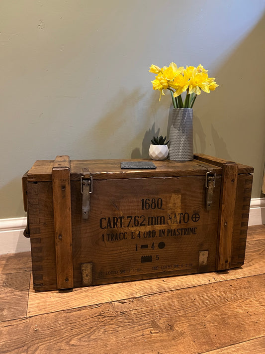 Wooden Ammo Box Vintage 1984 Rustic Storage Toy Chest Industrial Trunk Coffee Table