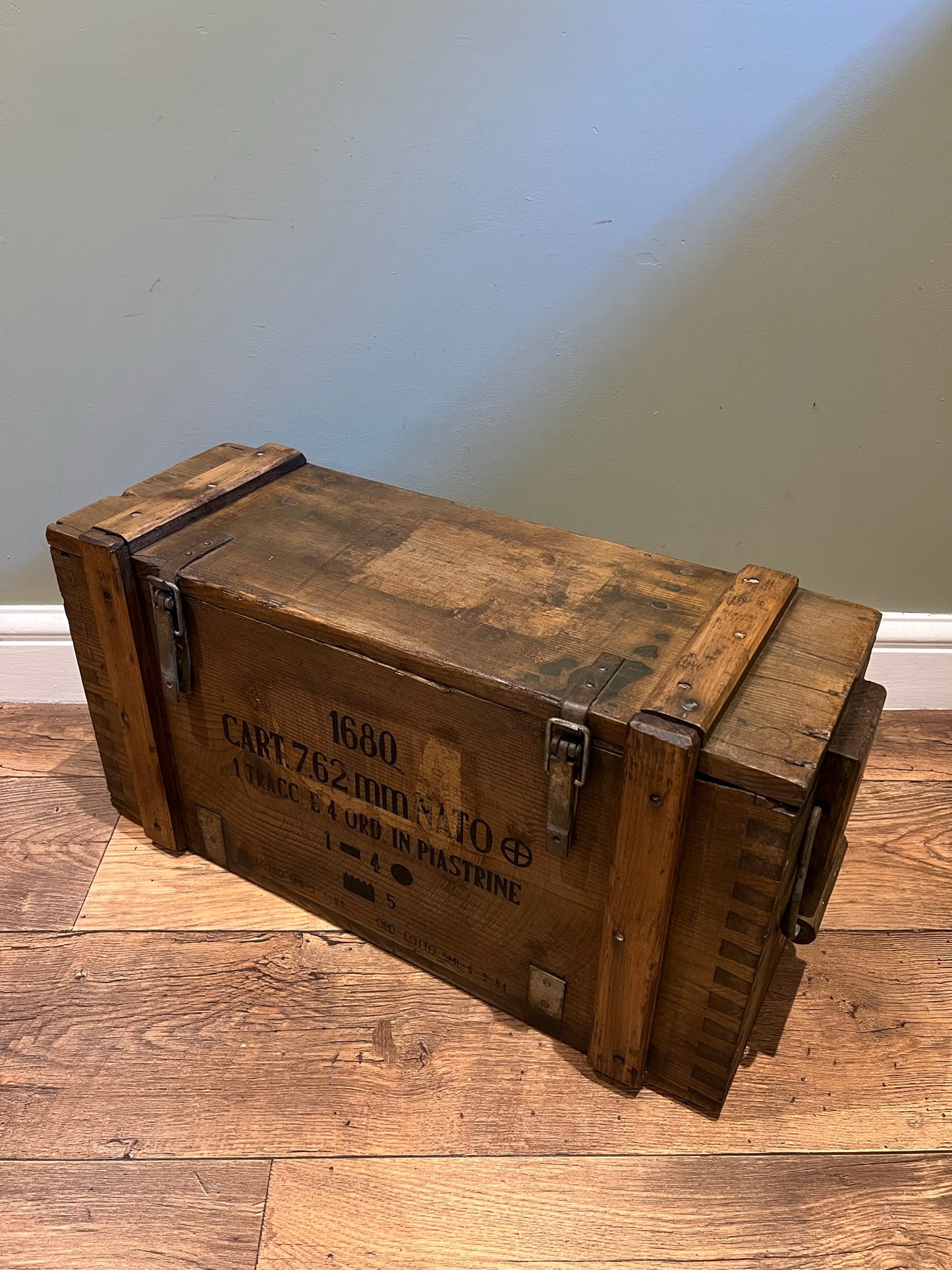 Wooden Ammo Box Vintage 1984 Rustic Storage Toy Chest Industrial Trunk Coffee Table