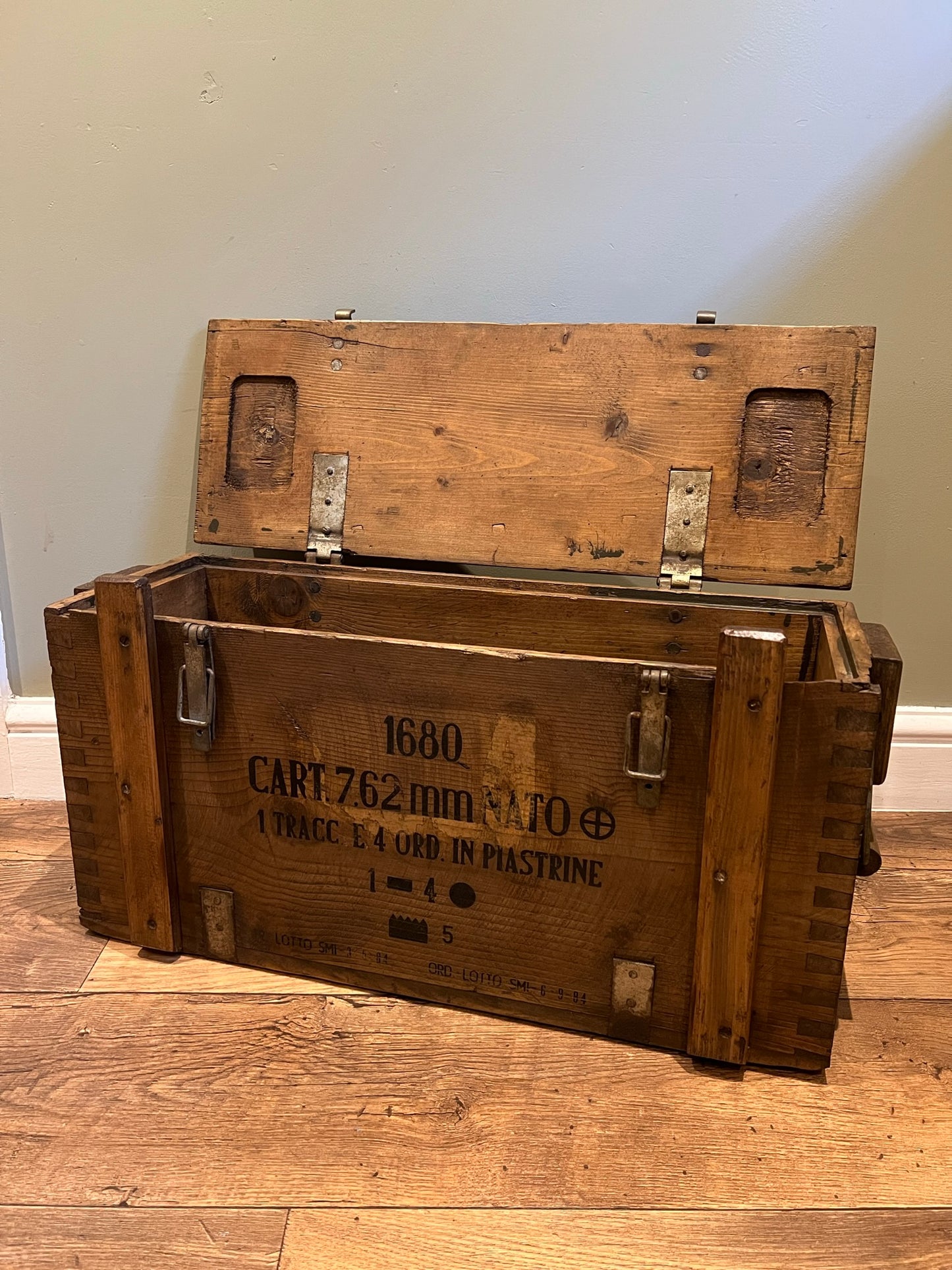 Wooden Ammo Box Vintage 1984 Rustic Storage Toy Chest Industrial Trunk Coffee Table