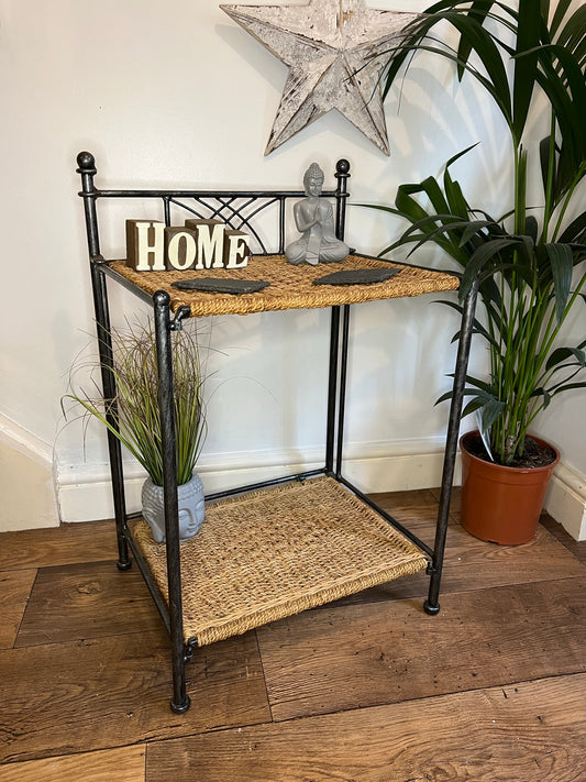 Rattan Wicker Folding Side Table Rustic Industrial Home Bedside Boho Chic