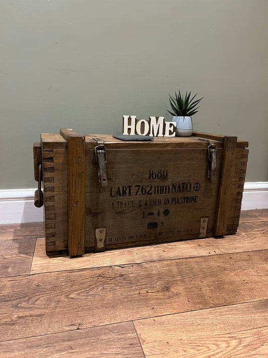 Wooden Ammo Box Vintage 1985 Rustic Storage Toy Chest Industrial Trunk Coffee Table