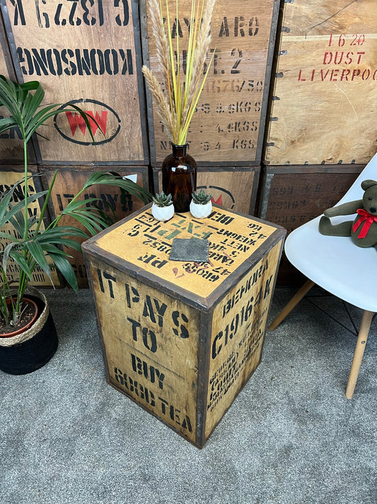 Vintage Tea Crate "It Pays To Buy Good Tea" Bedside Table Coffee Table Rustic Farmhouse Decor