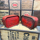 2x Vintage Metal Petrol Cans Petroleum Spirit Ready-Can Rustic Patina Garage Display Prop