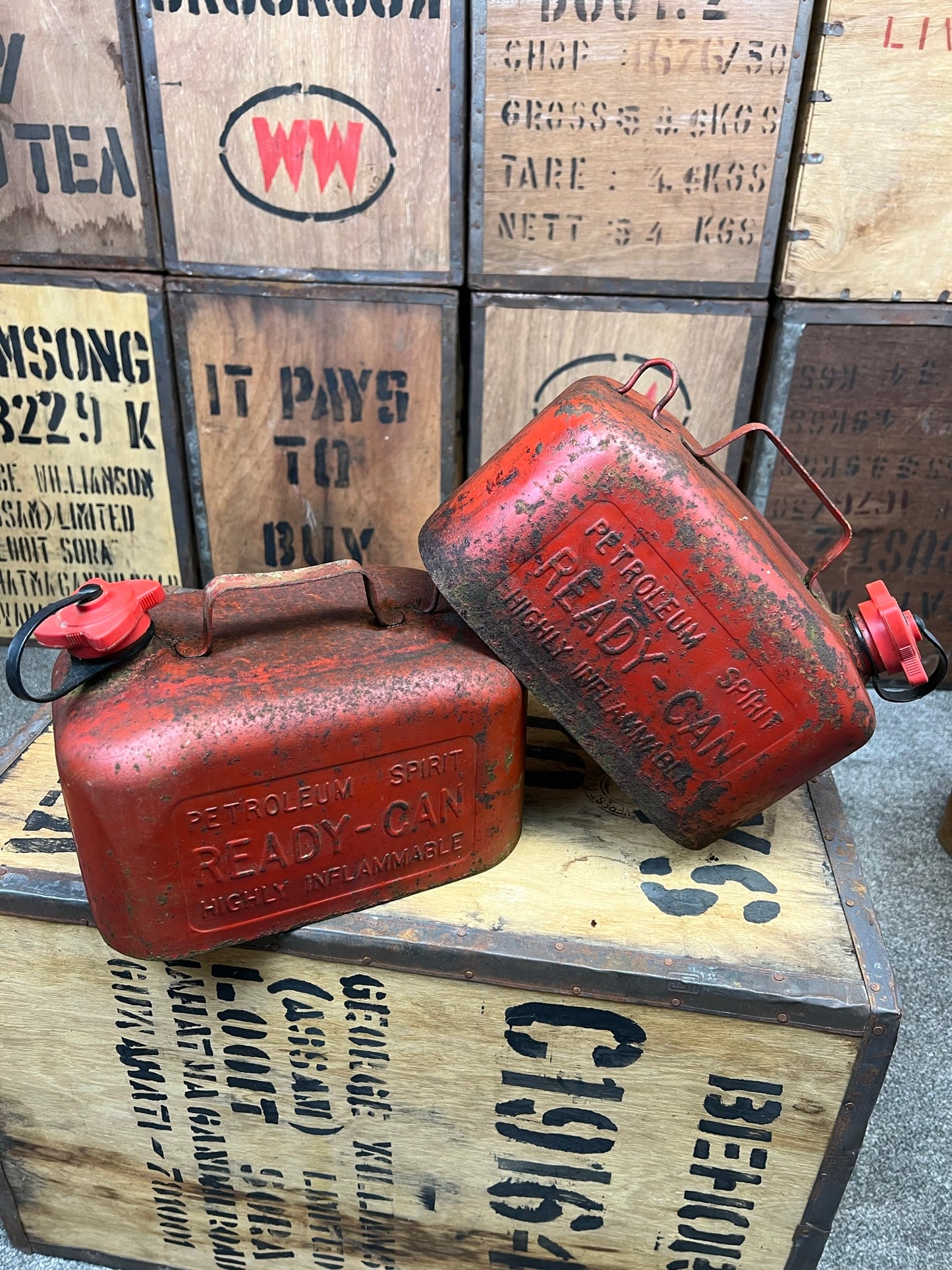 2x Vintage Metal Petrol Cans Petroleum Spirit Ready-Can Rustic Patina Garage Display Prop