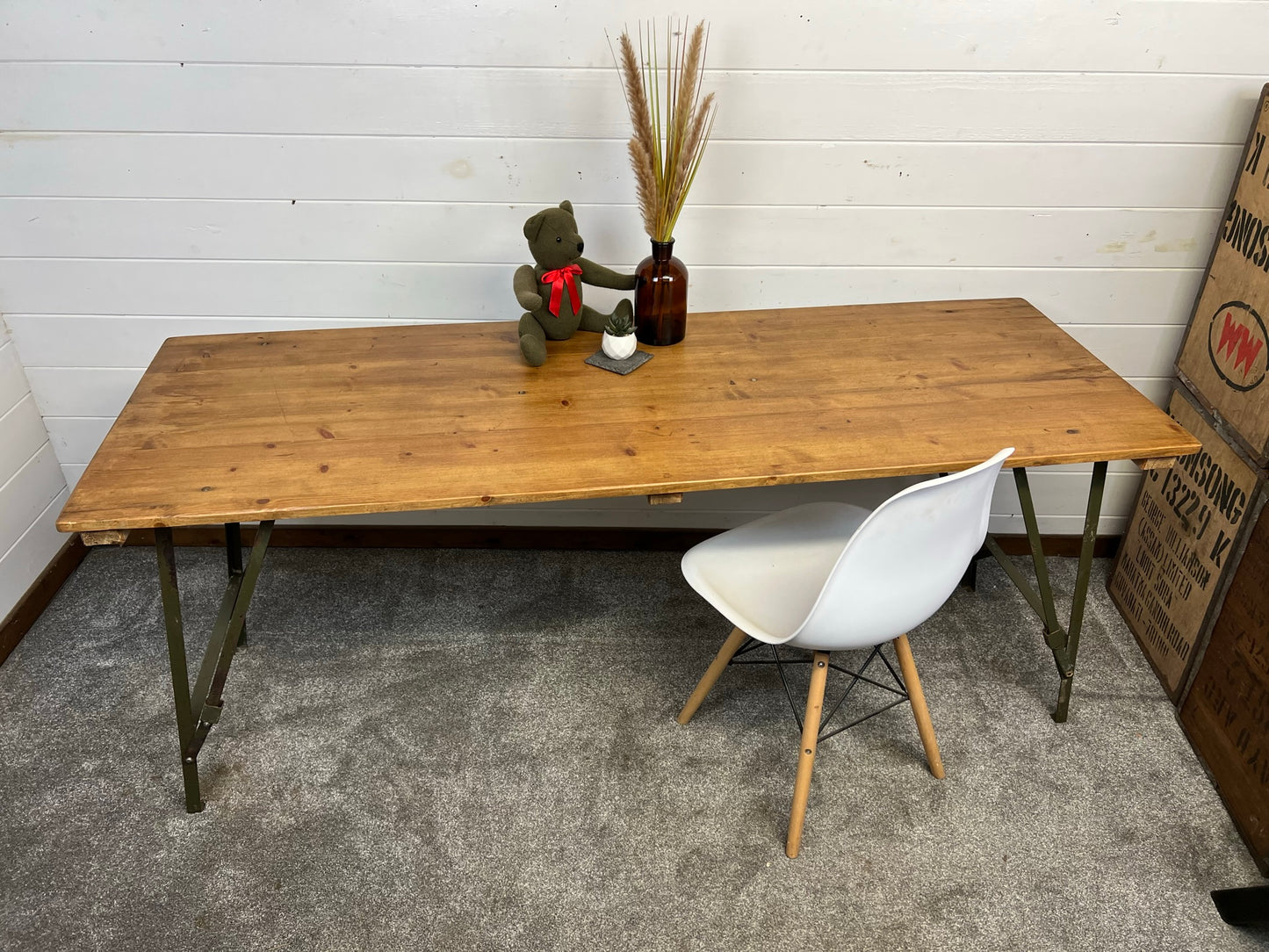 Rustic Vintage Wooden Folding Trestle Table Industrial Farmhouse Dining Desk Reclaimed Army