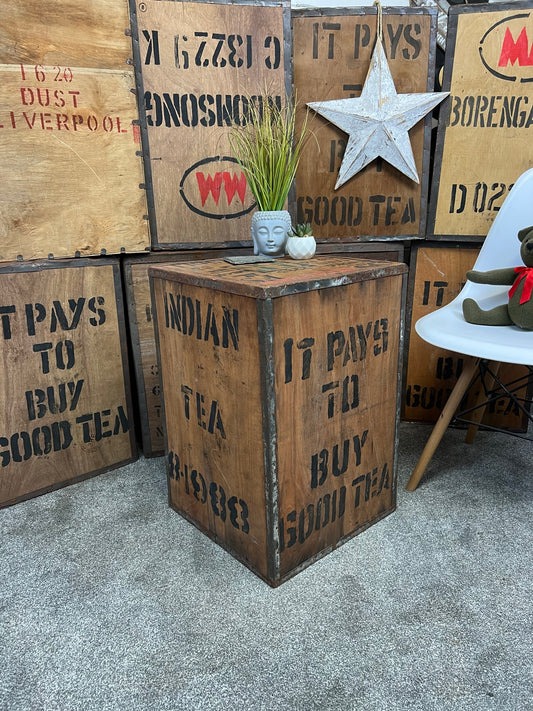 Rustic Tea Chest "It Pays To Buy Good Tea" Vintage Side Table Coffee Table Farmhouse Decor