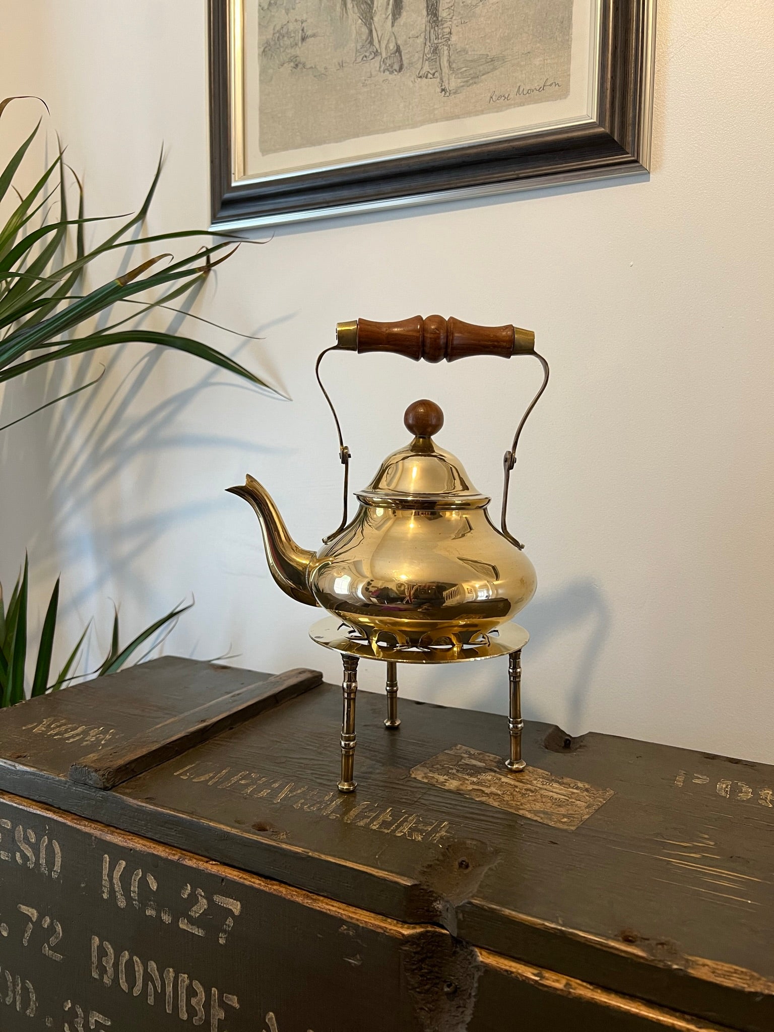 Vintage Brass Teapot Kettle With Stand Trivet Home Decor