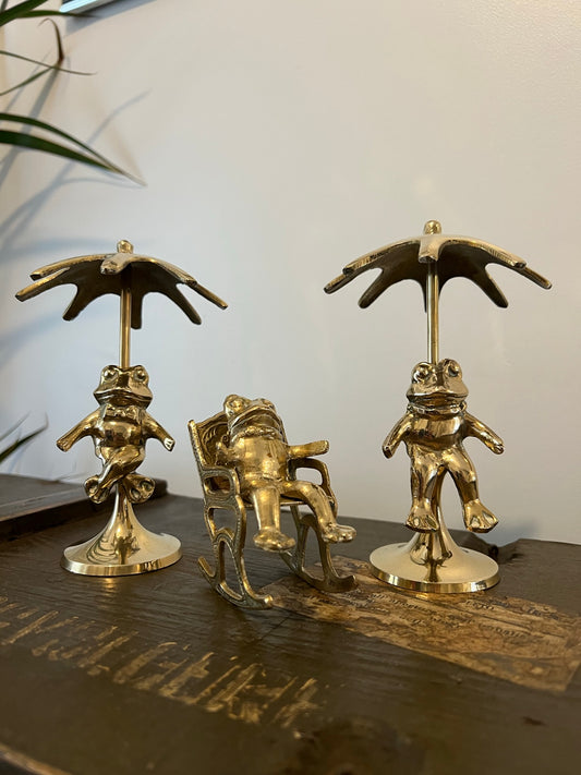 Set of 3x Vintage Brass Frog Toad Ornament Rocking Chair & Umbrellas Retro Boho