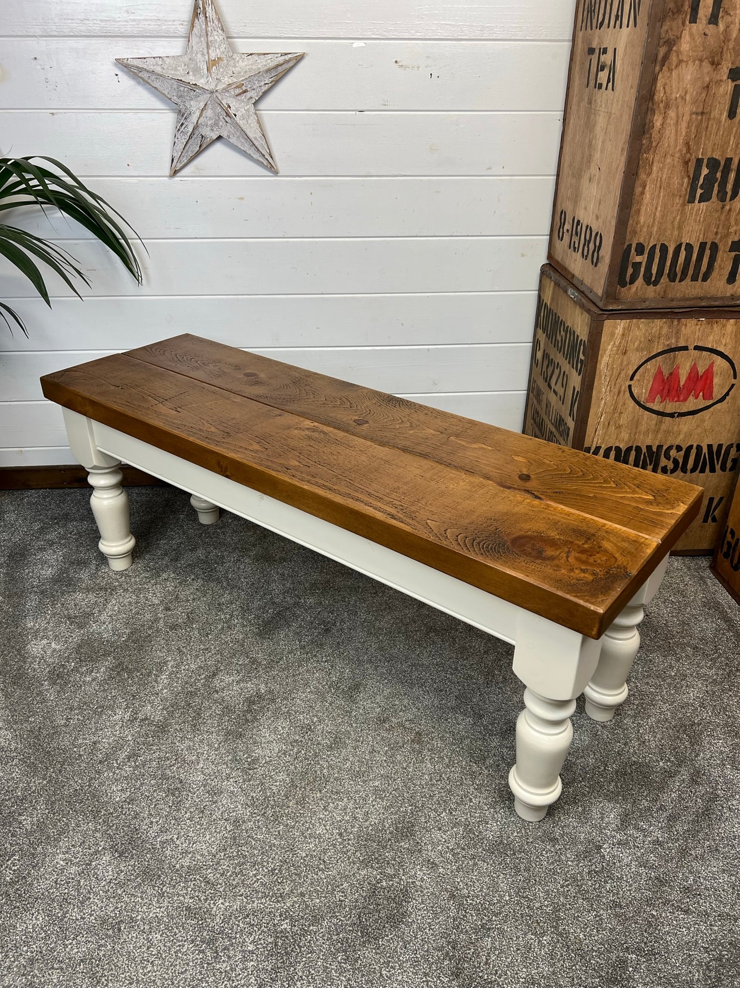 Rustic Farmhouse Kitchen Dining Bench Seat 120cm Country Home Decor